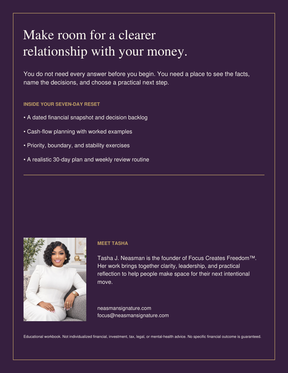 Back cover with the seven-day overview and Tasha’s portrait