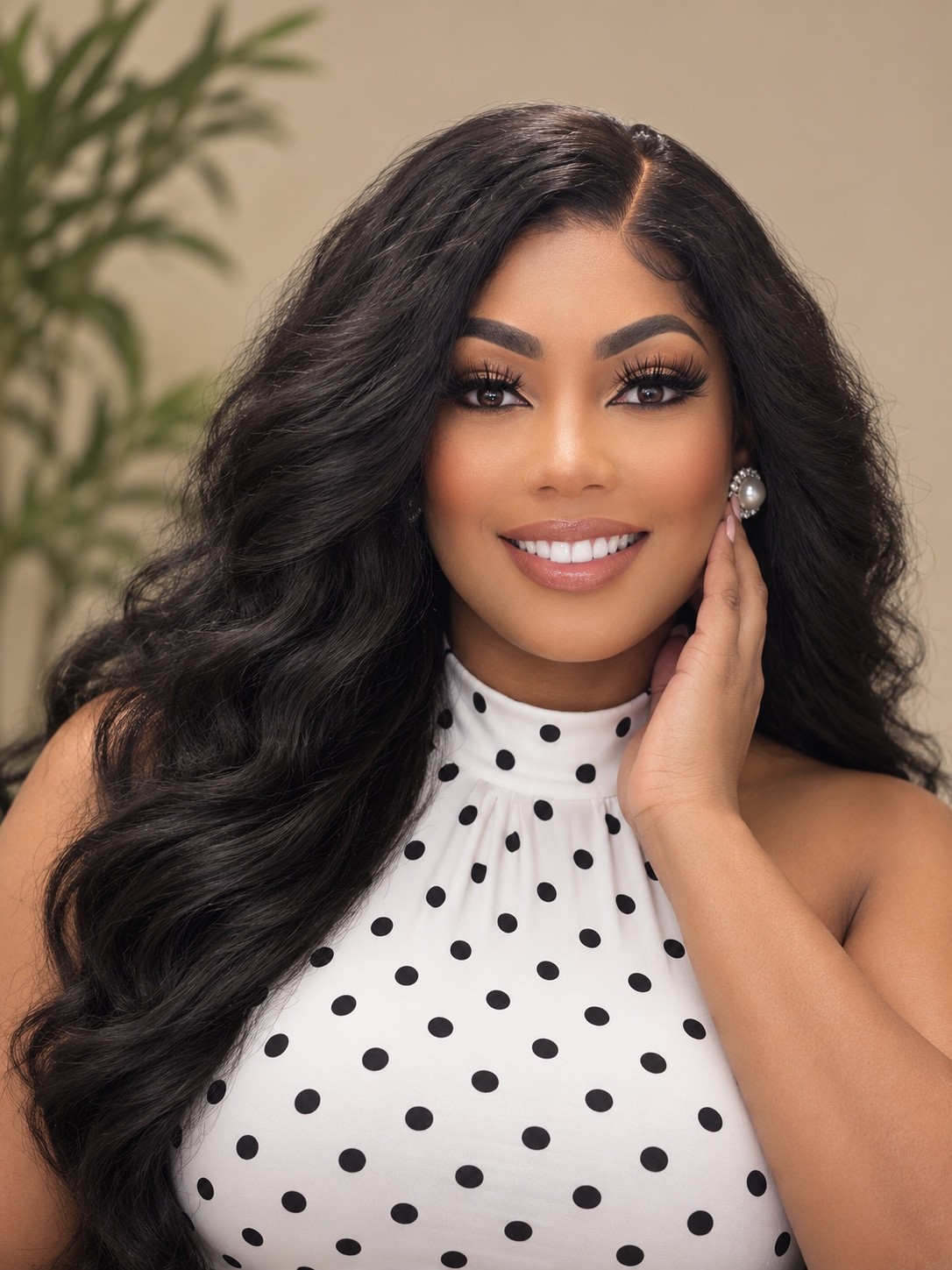 Tasha J. Neasman in a white and black polka dot blouse