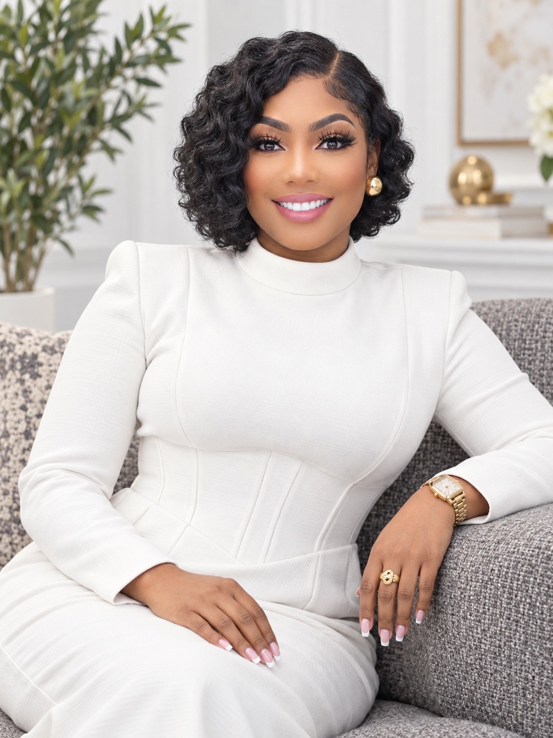 Tasha J. Neasman seated in a white outfit